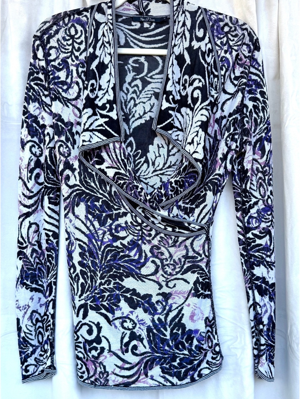 Nic + Zoe Women's Long Sleeve Faux Wrap Sweater Black White Purple Floral Size S